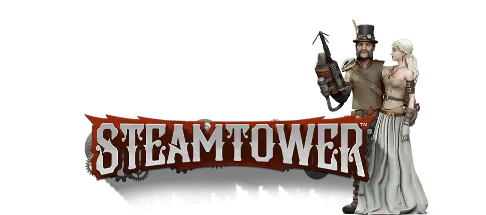 Steam Tower slot logo with steampunk theme and mechanical tower design