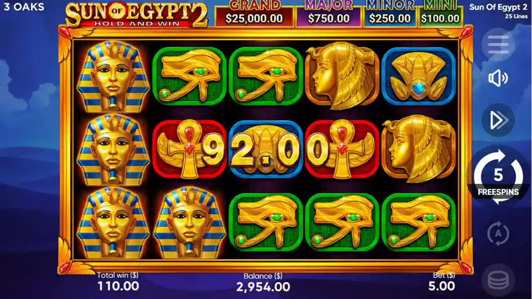 Sun of Egypt 2 slot gameplay with hold and win bonus feature