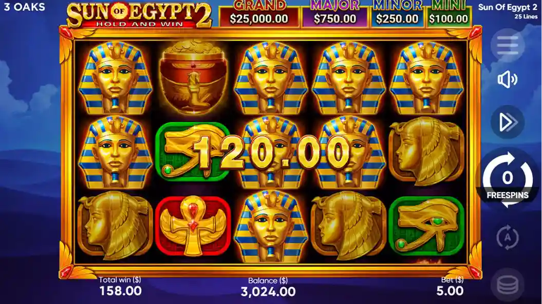 Sun of Egypt 2 slot reels with coins scarabs and Egyptian icons