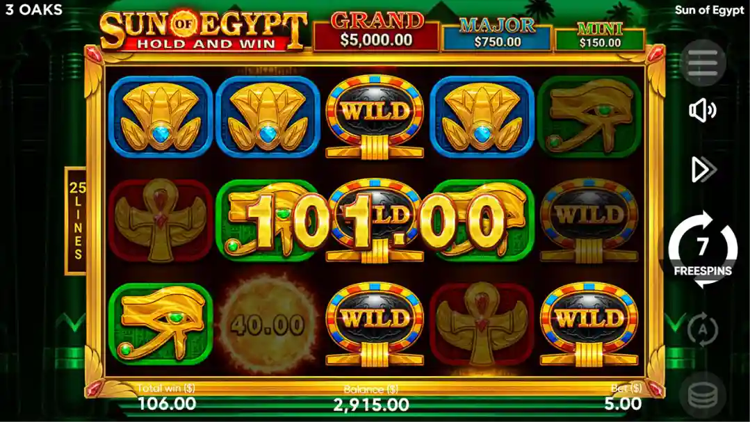 Sun of Egypt slot gameplay with hold and win bonus feature