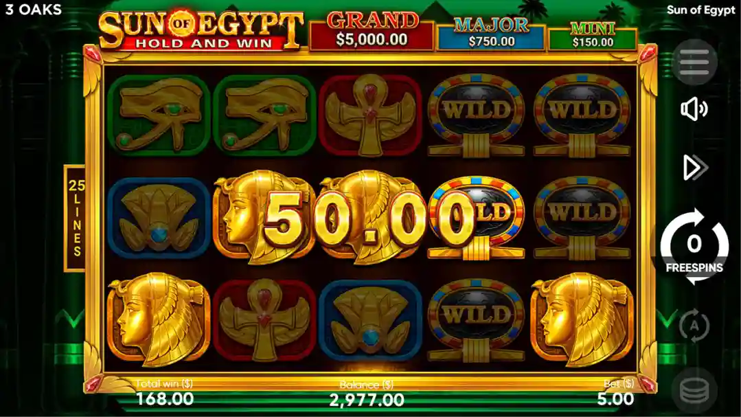 Sun of Egypt slot reels with coins scarabs and Egyptian icons