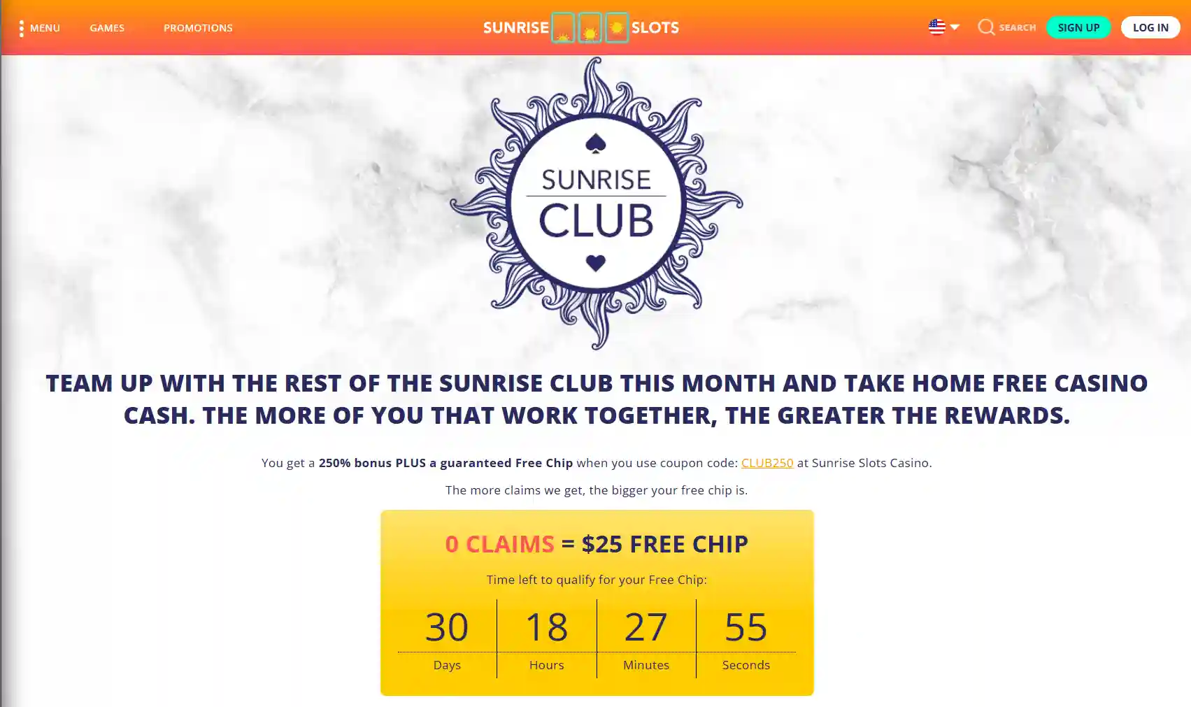 Sunrise Slots Casino logo with bright sunrise theme and classic branding