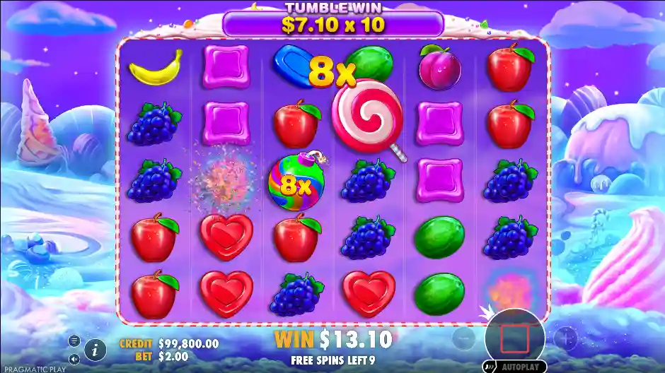 Sweet Bonanza slot reels with candies fruits and bonus symbols