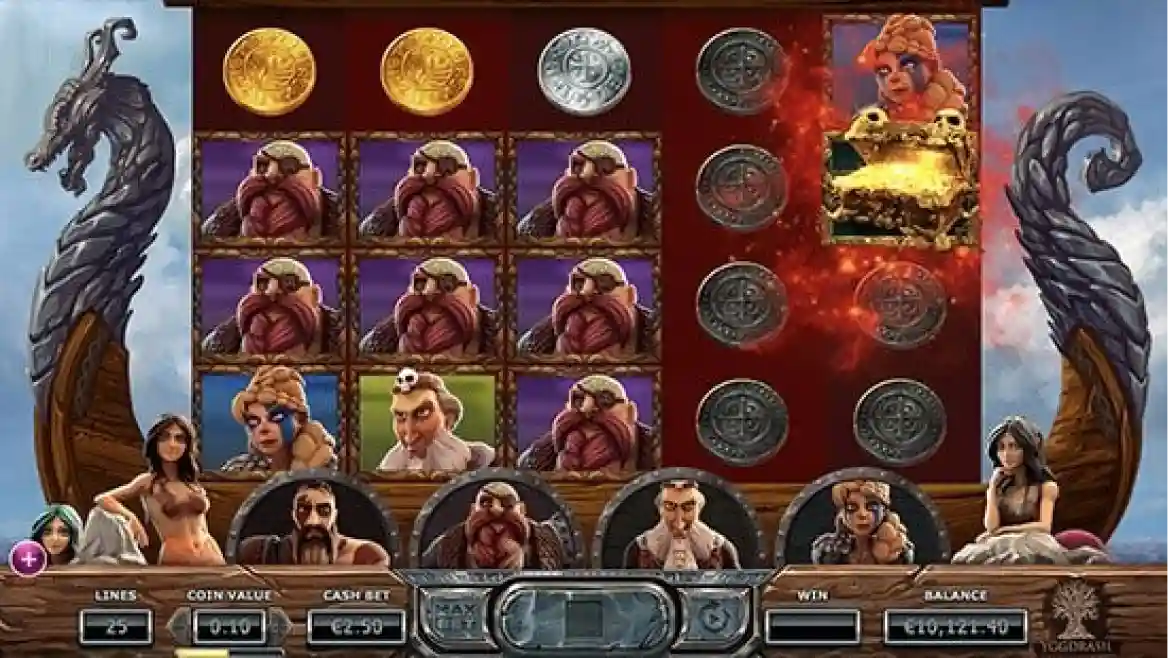 Vikings Go Berzerk slot reels with shields axes and Norse icons