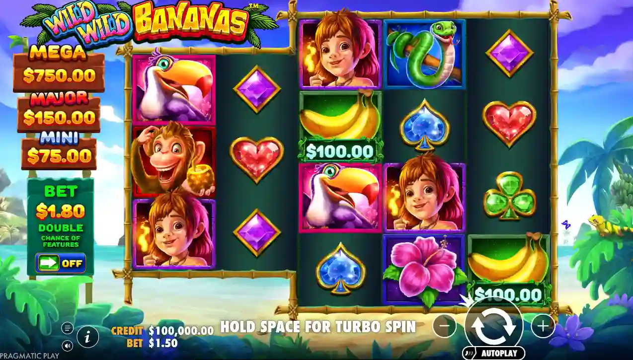 Wild Wild Bananas slot reels with bananas monkeys and jungle icons